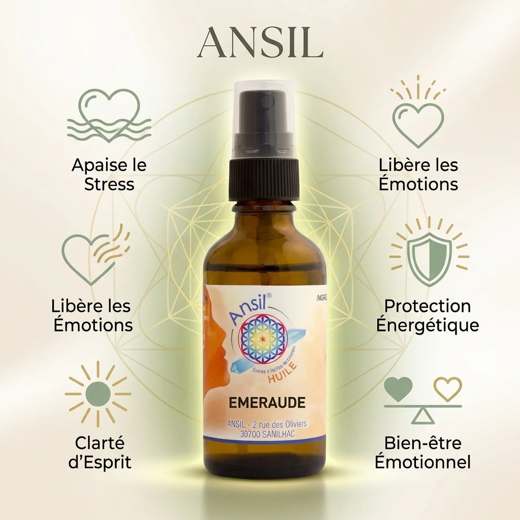 Huile cristal Emeraude Ansil 50ml avec bénéfices bien-être et protection énergétique
