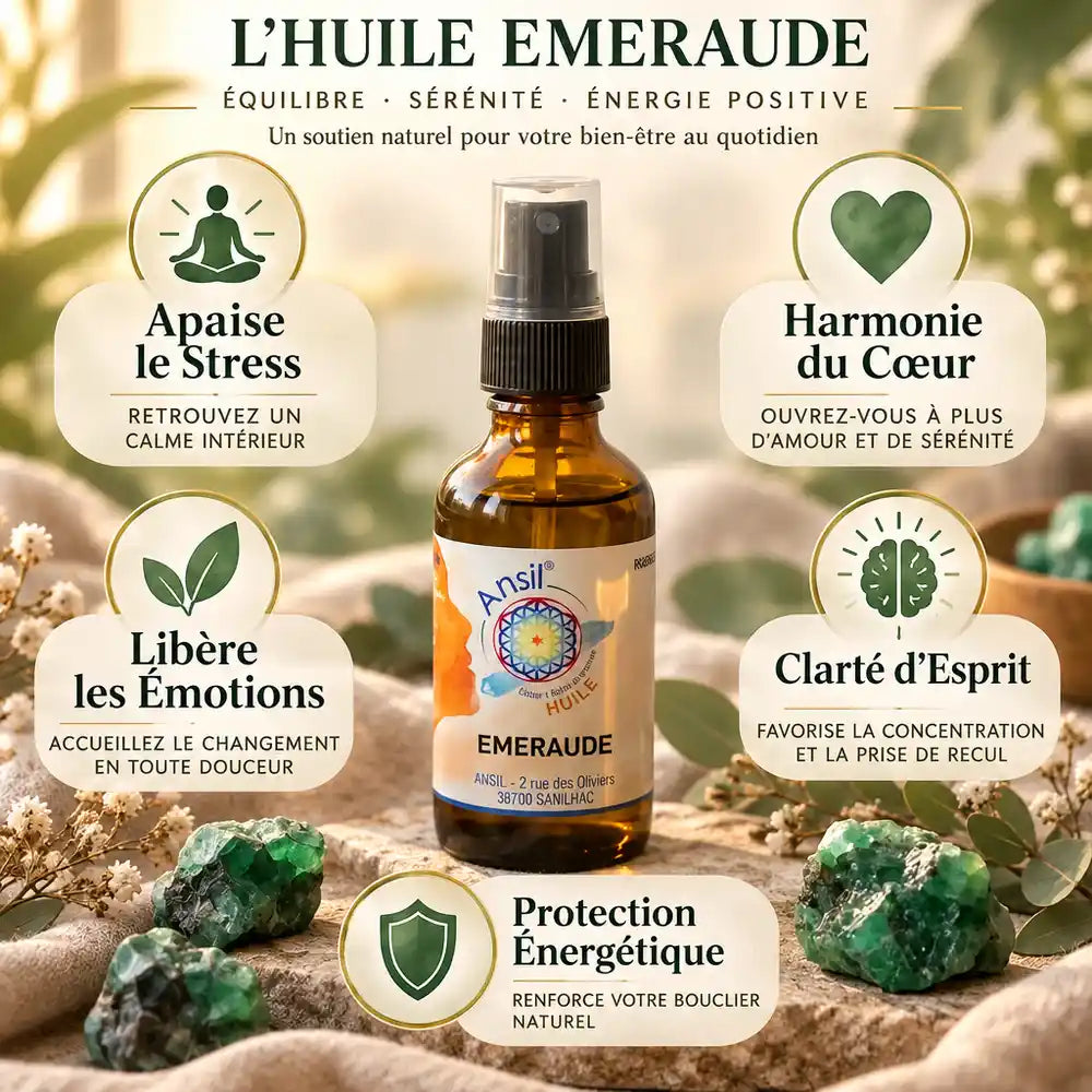 Huile de cristal Emeraude Ansil 50ml avec cristaux d'émeraude bruts et 5 bénéfices wellness