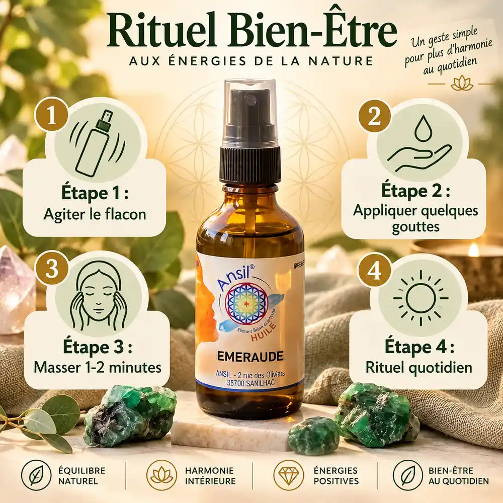 Huile de cristal Emeraude Ansil 50ml avec guide d'utilisation en 4 étapes et pierres vertes
