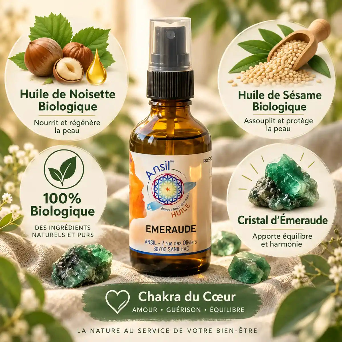 Huile cristal Emeraude Ansil 50ml avec ingrédients biologiques et cristaux verts