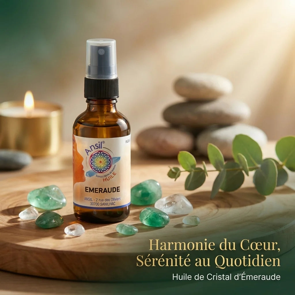 Huile de cristal Emeraude Ansil 50ml dans un cadre spa avec cristaux et texte harmonie du cœur