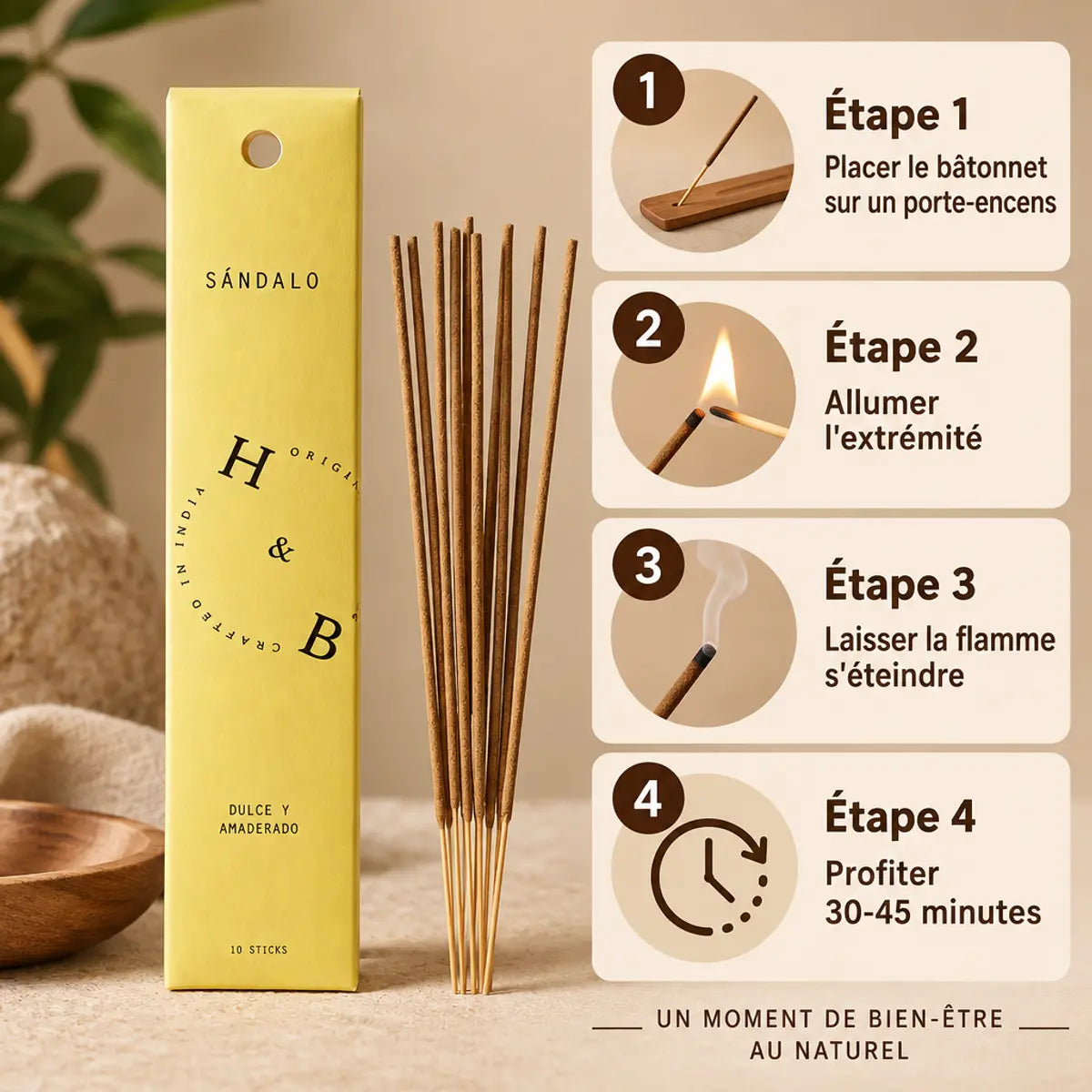 Encens Bois de Santal 10 bâtons avec guide d'utilisation en 4 étapes
