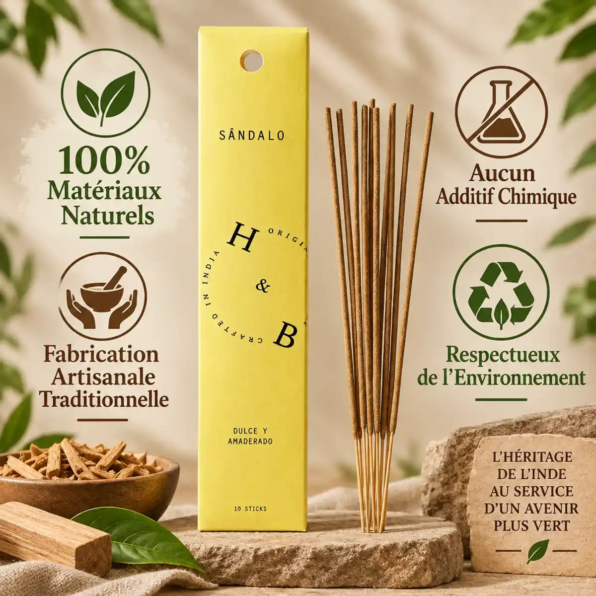 Encens Bois de Santal 10 bâtons naturels artisanaux indiens éco-responsables