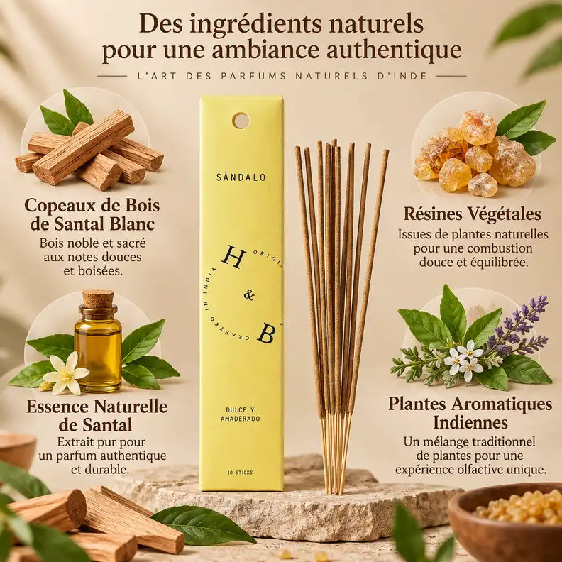 Encens Bois de Santal 10 bâtons naturels avec ingrédients : essence santal, résines végétales, plantes aromatiques