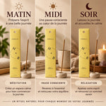 Encens Bois de Santal 10 bâtons rituels matin midi soir sur fond beige minimaliste
