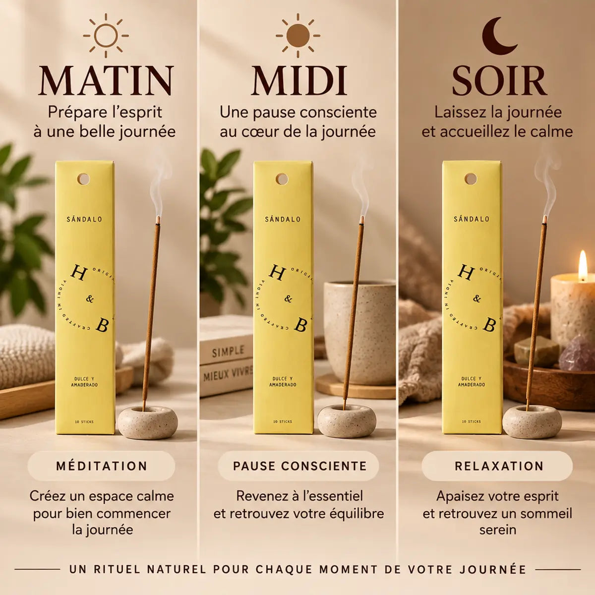 Encens Bois de Santal 10 bâtons rituels matin midi soir sur fond beige minimaliste