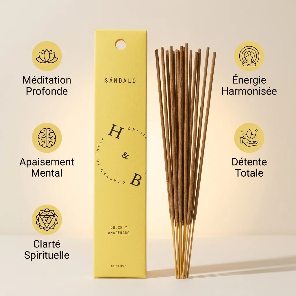 Encens Bois de Santal x10 avec infographie bénéfices : méditation, apaisement, clarté spirituelle et détente