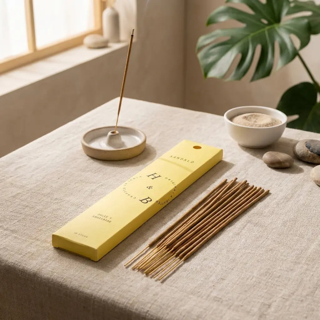 Encens Bois de Santal x10 avec emballage jaune et bâtonnets en bois, ambiance méditation bien-être