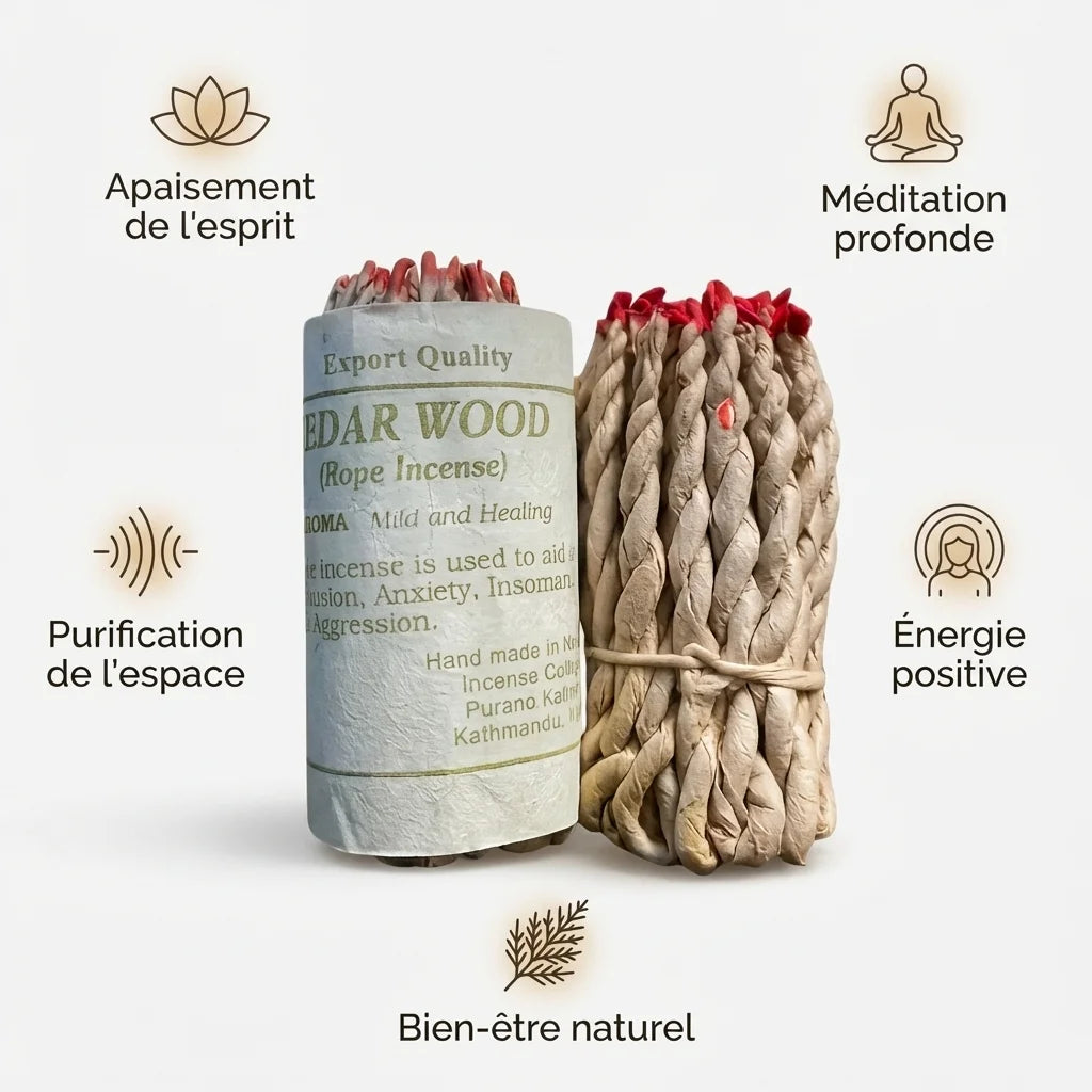 Encens en corde du Nepal cèdre 40 pièces avec emballage blanc et bénéfices wellness