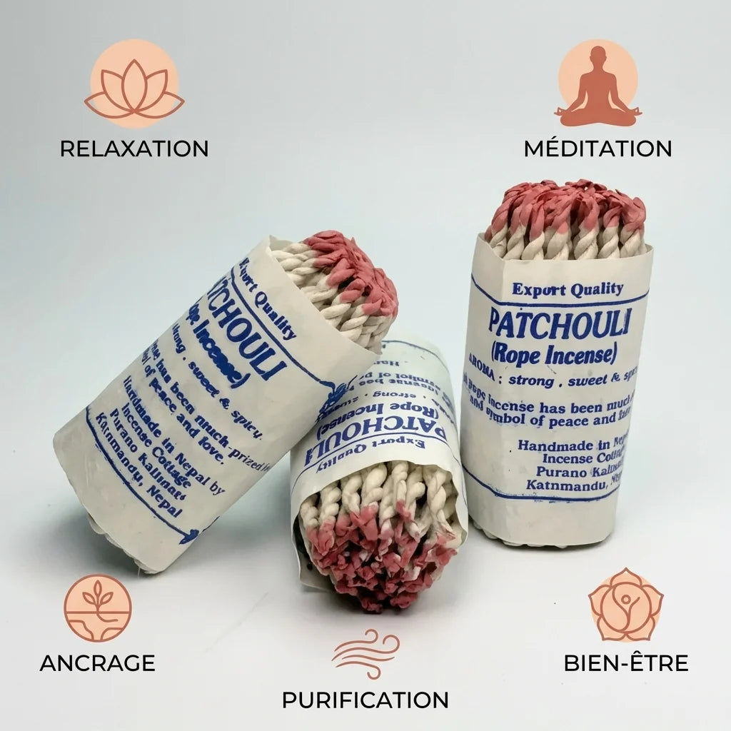 Encens en corde Népal patchouli 40 pièces packaging blanc avec bénéfices relaxation méditation bien-être