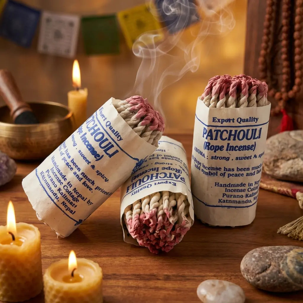 Encens en corde patchouli du Nepal sur autel de méditation avec bougies et fumée