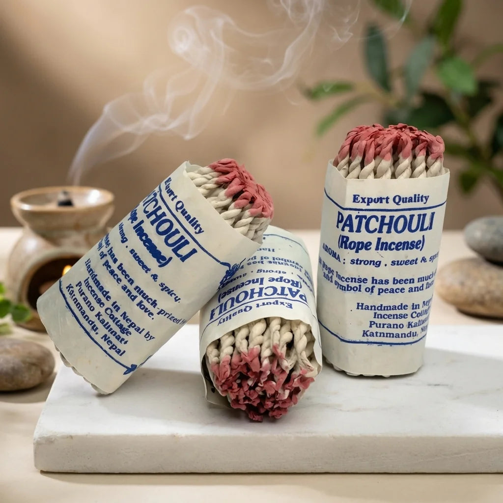 Encens en corde Nepal patchouli 40 pièces avec packaging Lokta bleu