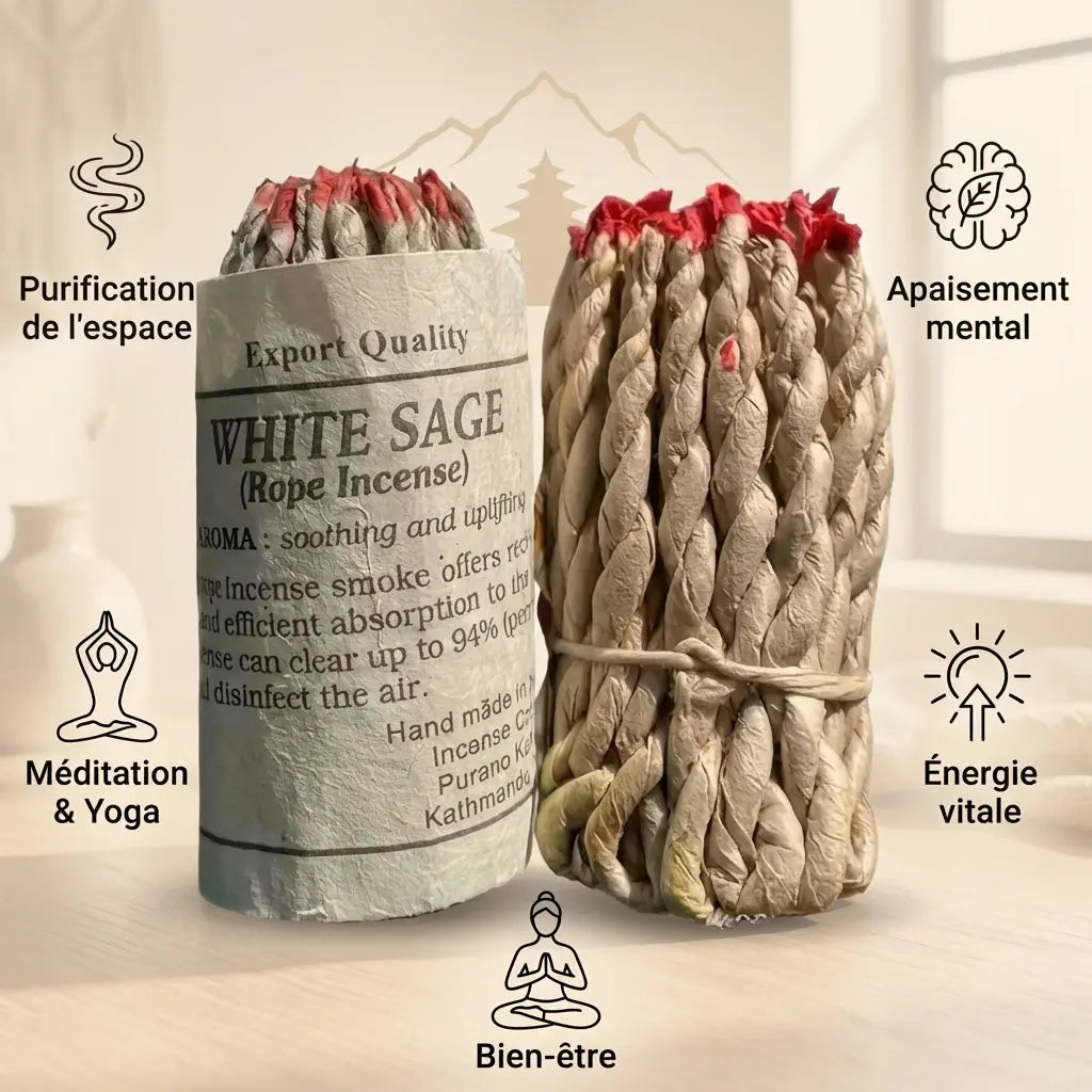 Encens en corde sauge blanche du Nepal 40 pièces avec bénéfices purification méditation bien-être