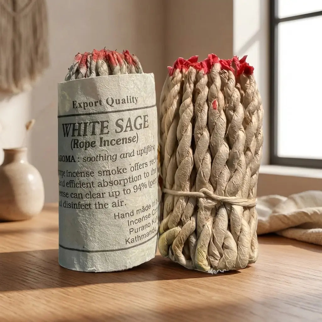 Encens en corde sauge blanche du Nepal 40 pièces sur surface bois avec ambiance zen