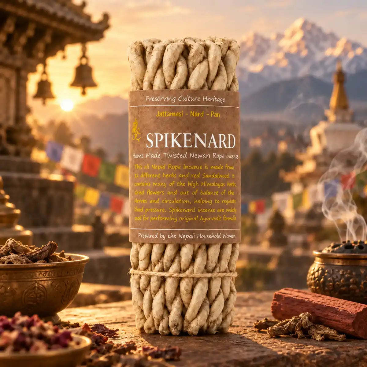 Encens en corde Spikenard du Népal artisanal sur surface bois, ambiance temple himalayan