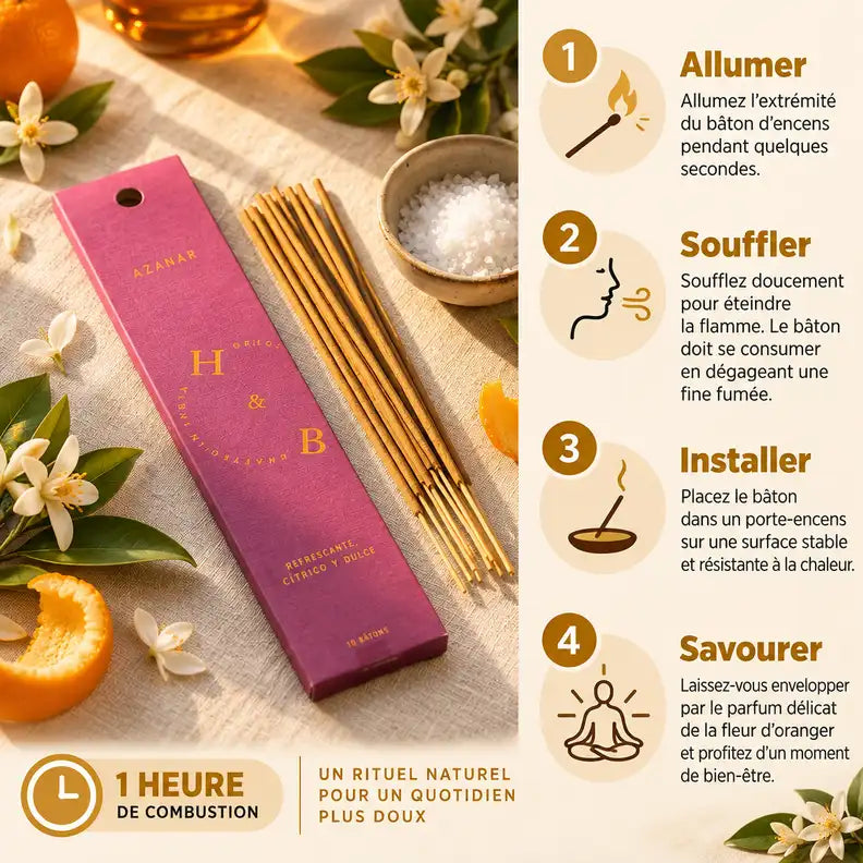 Encens Fleur d'Oranger 10 bâtons avec guide d'utilisation et fleurs séchées