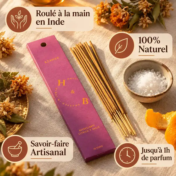 Encens Fleur d'Oranger 10 bâtons naturels roulés à la main en Inde avec boîte rose et fleurs séchées