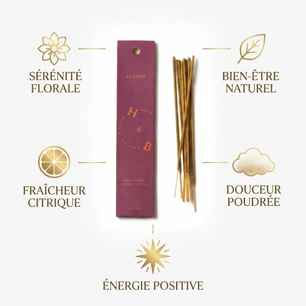 Encens Fleur d'Oranger x10 avec boîte burgundy, bâtons bambou et infographie des bénéfices bien-être