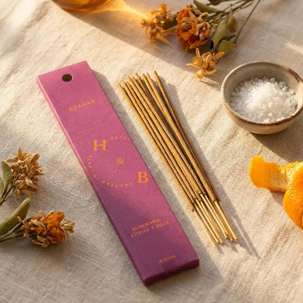 Encens Fleur d'Oranger x6 avec packaging violet et bâtons de bambou artisanaux