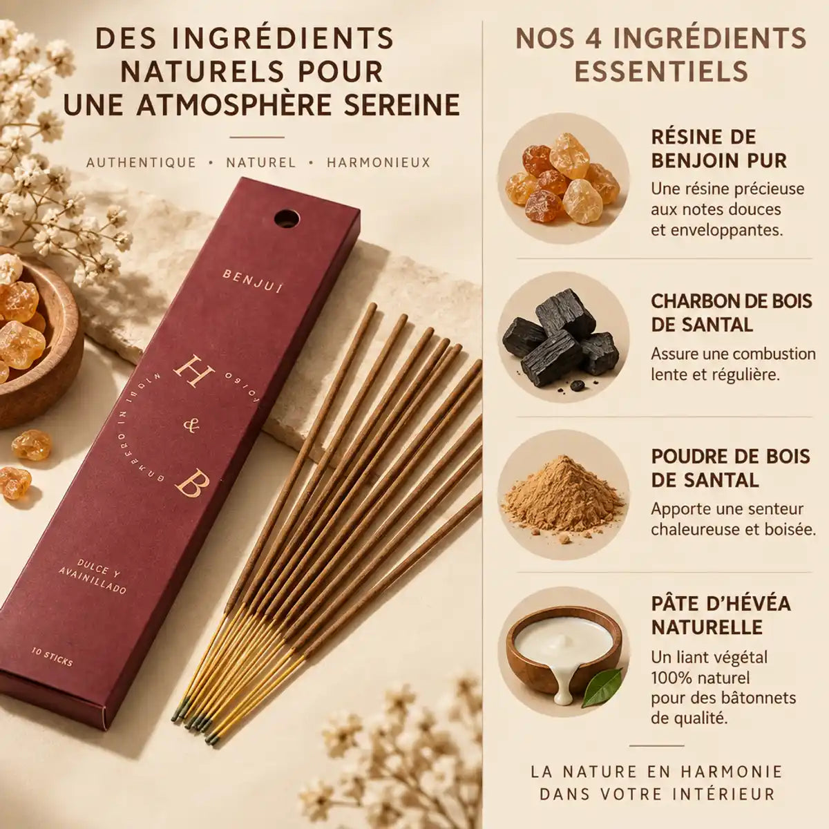 Encens naturel Benjoin 10 bâtons avec ingrédients purs résine benjoin charbon santal