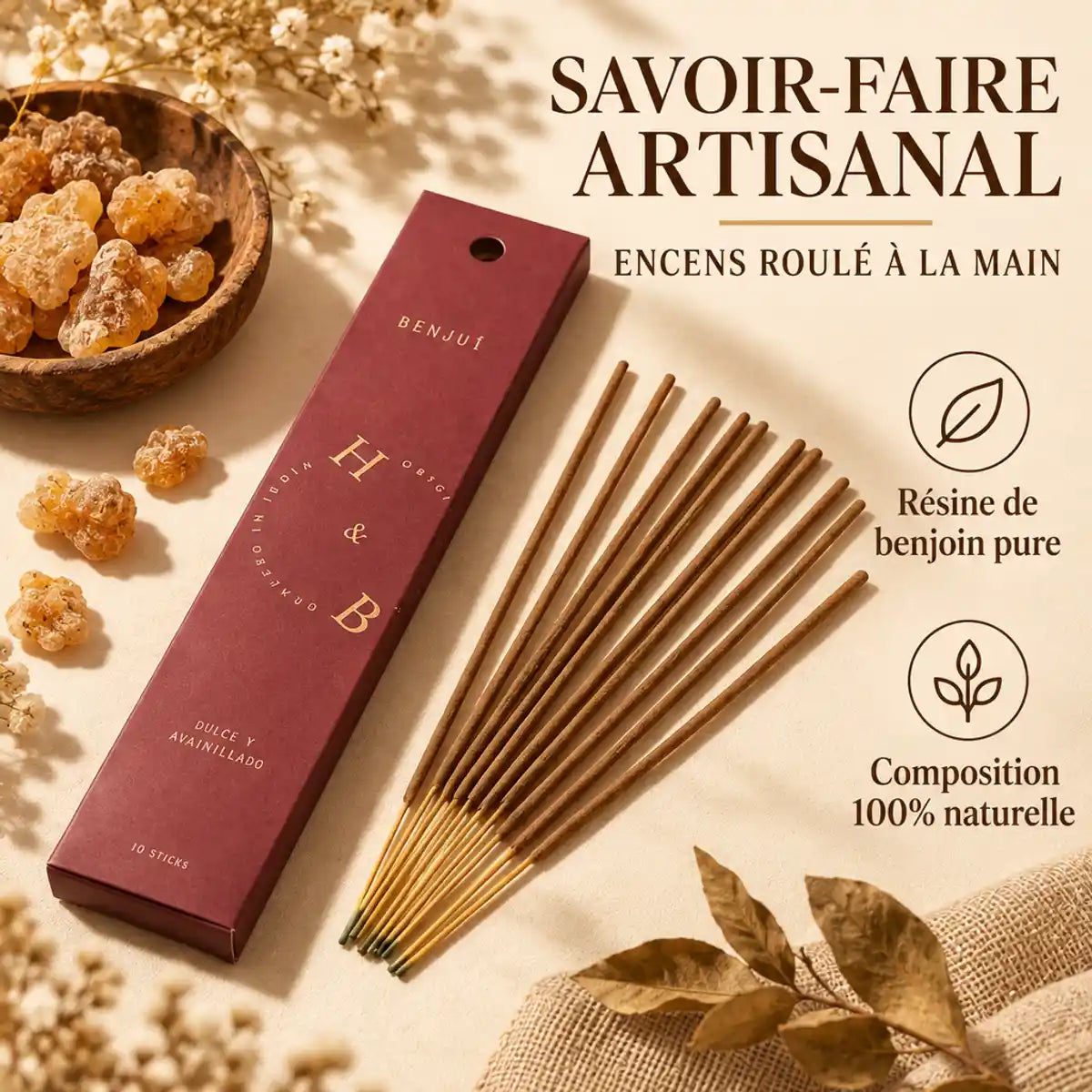 Boîte d'encens naturel Benjoin 10 bâtons roulés à la main sur fond crème avec texte artisanal