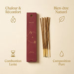 Encens naturel Benjoin x10 avec bâtons dorés, boîte bordeaux et bénéfices wellness