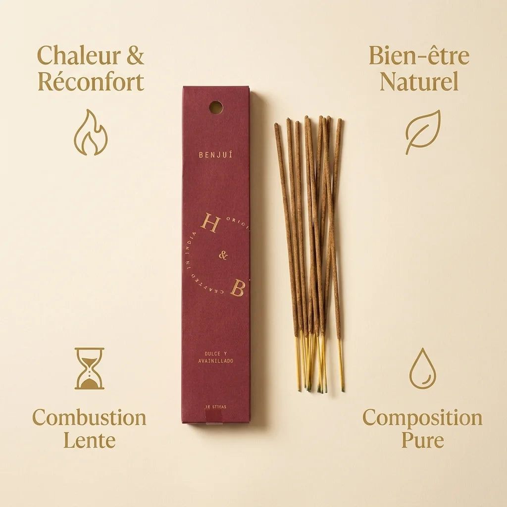 Encens naturel Benjoin x10 avec bâtons dorés, boîte bordeaux et bénéfices wellness