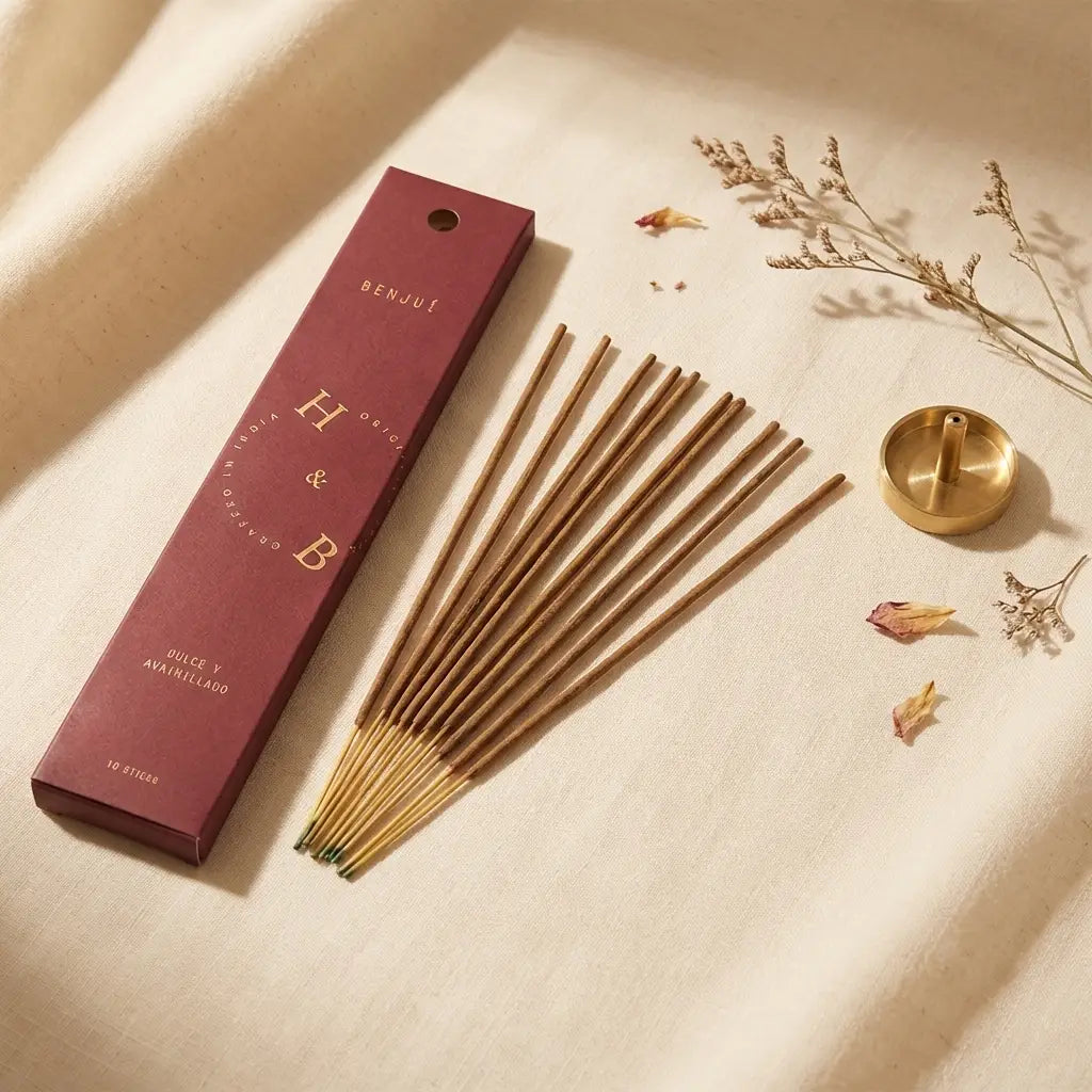 Encens naturel benjoin x6 avec bâtons de bois et porte-encens laiton