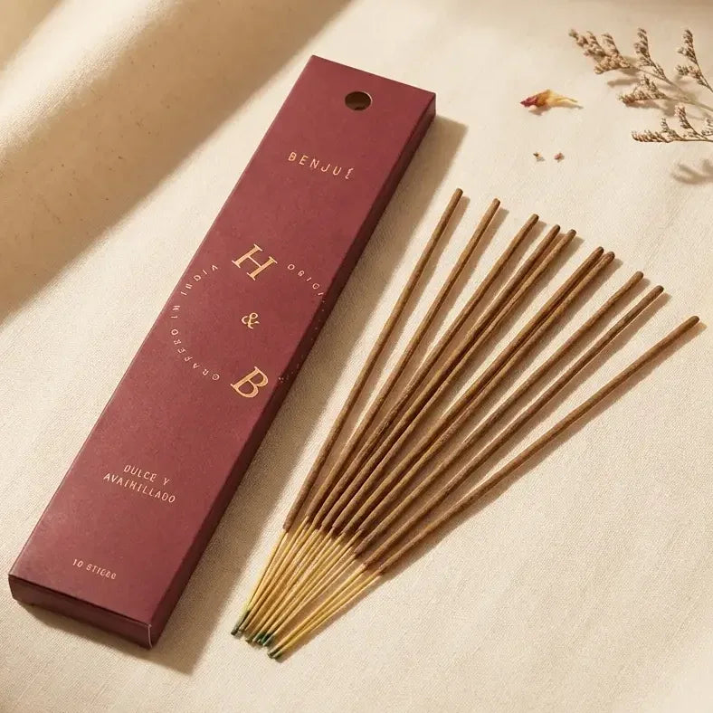 Encens naturel benjoin x6 avec bâtons de bois et porte-encens laiton
