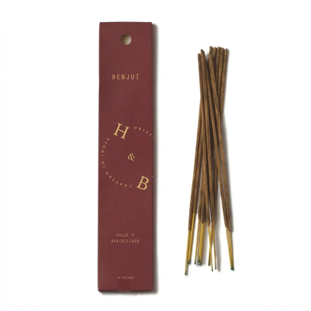 Encens naturel Benjoin x6 en boîte bordeaux avec bâtons à embouts dorés