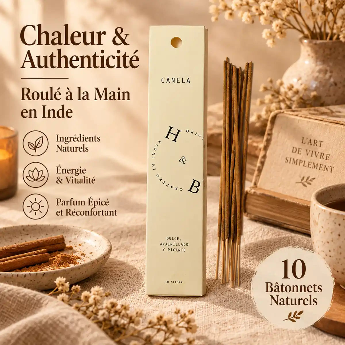 Encens naturel cannelle 10 bâtons roulés à la main, boîte crème sur lin beige avec ambiance cocooning