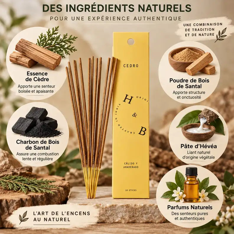 Encens naturel cèdre 10 bâtons avec ingrédients : essence de cèdre, charbon de bois de santal et parfums naturels