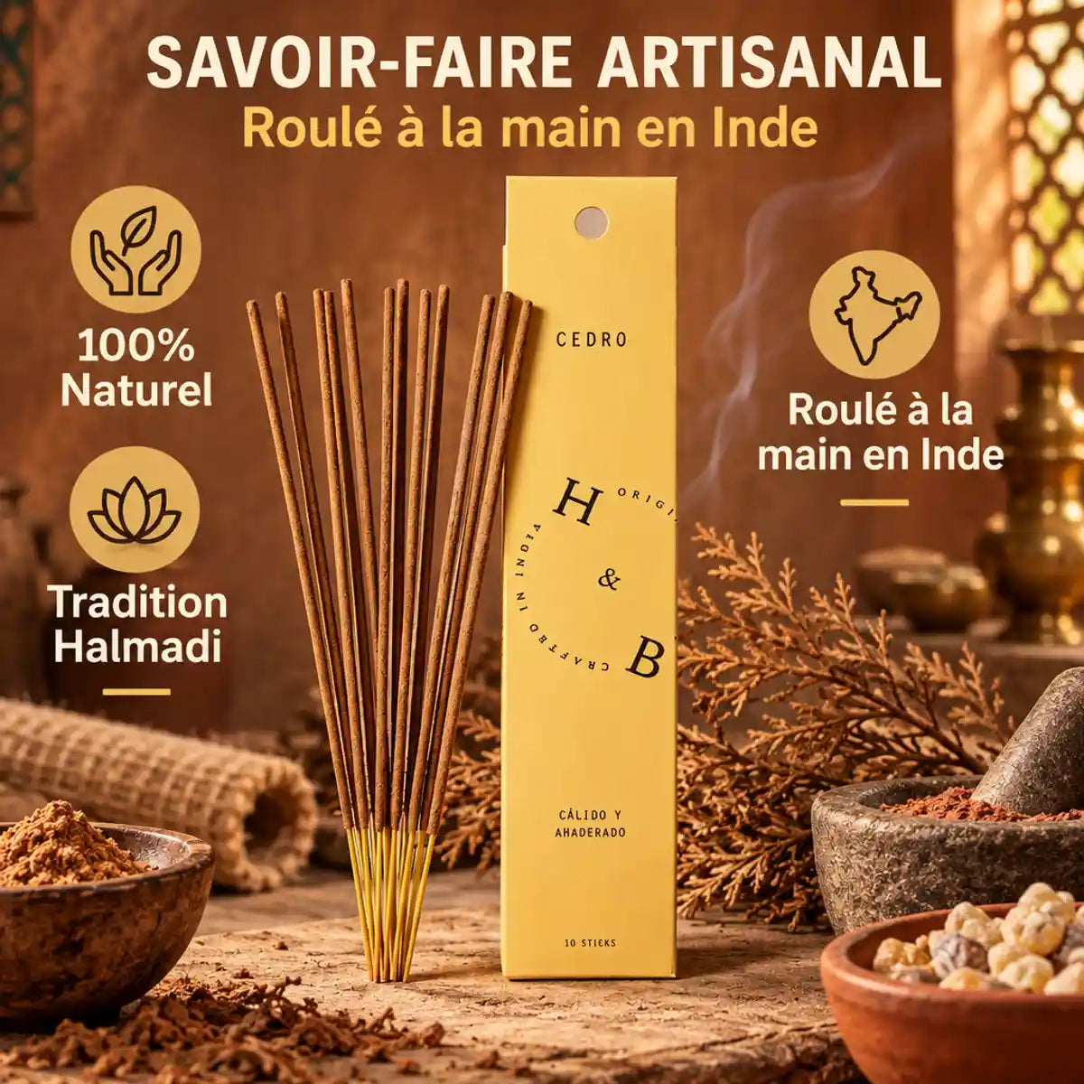Encens naturel cèdre 10 bâtons roulés à la main en Inde, packaging jaune artisanal