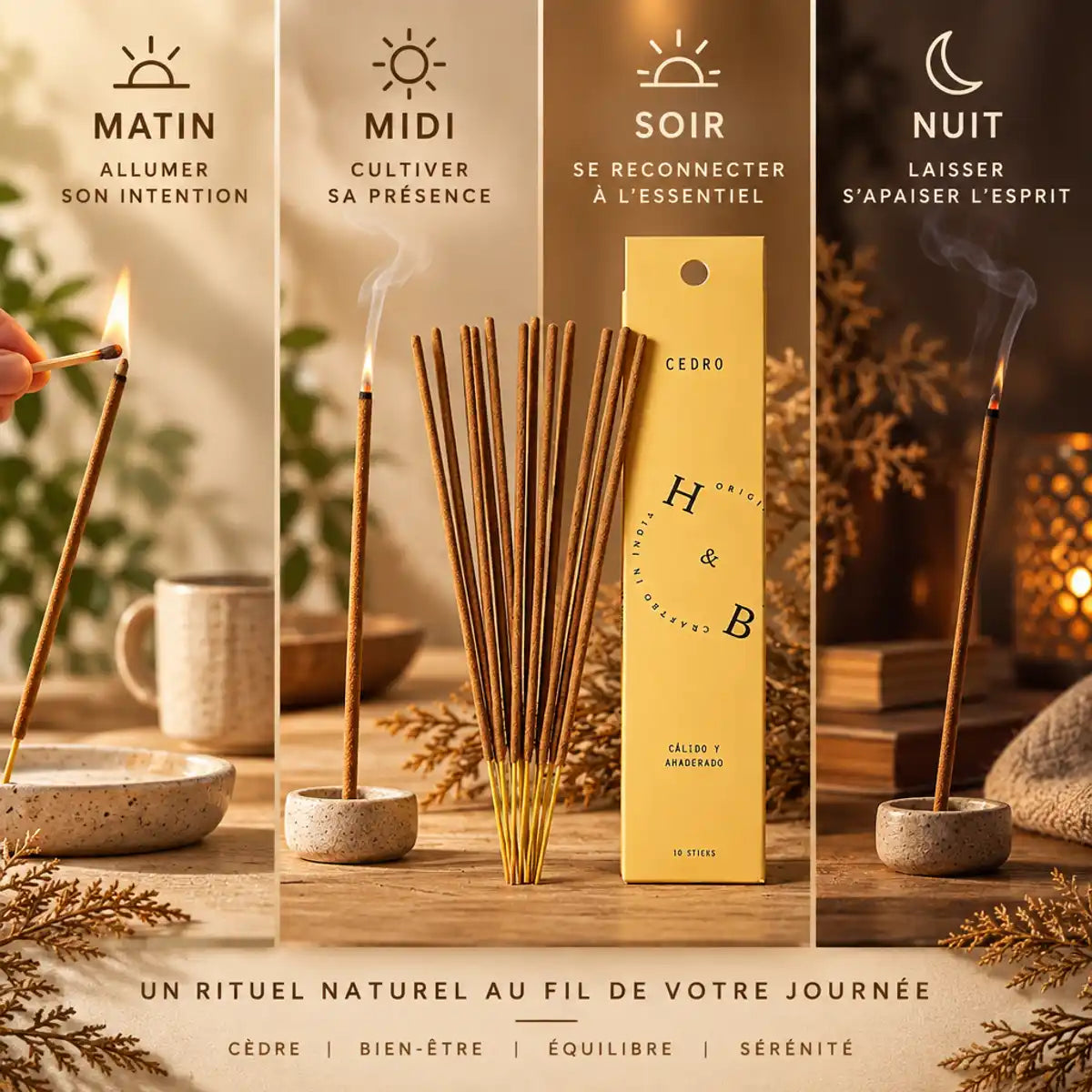 Encens naturel cèdre 10 bâtons - rituels quotidiens matin midi soir nuit
