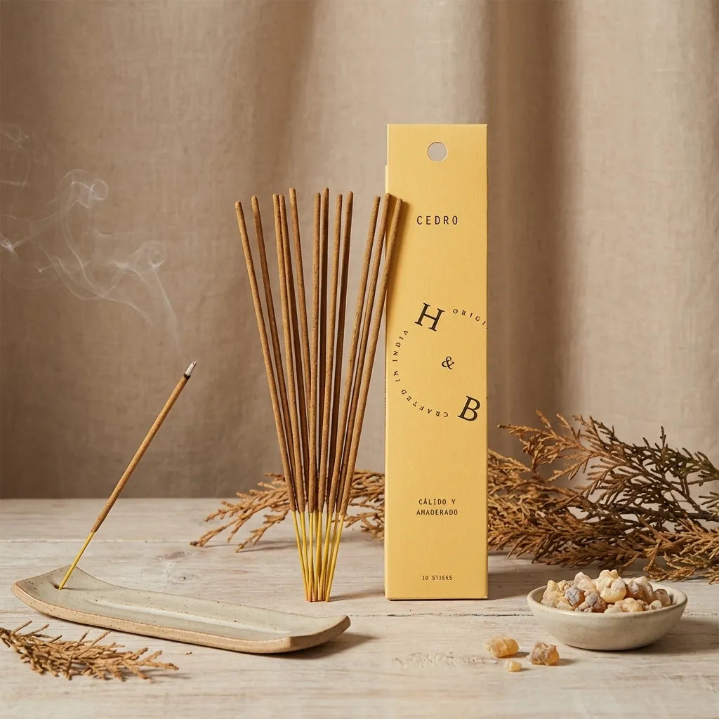 Encens naturel cèdre x6 en packaging jaune avec bâtons artisanaux sur fond beige