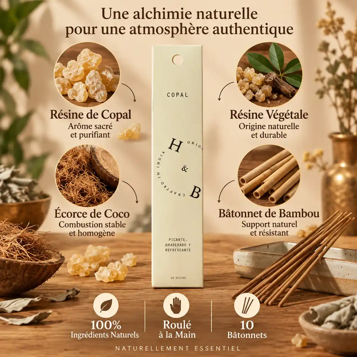 Encens naturel Copal 10 bâtons - Résine, bambou, ingrédients naturels roulés à la main