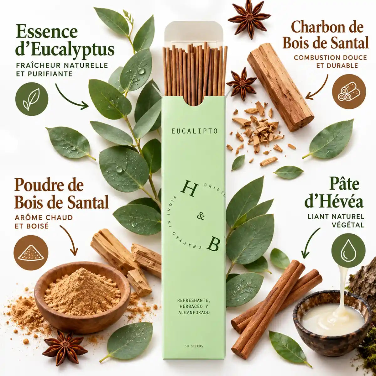 Encens naturel eucalyptus 10 bâtons avec ingrédients naturels et feuilles d'eucalyptus