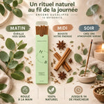 Encens eucalyptus naturel 10 bâtons roulés main avec rituels matin midi soir et éléments botaniques