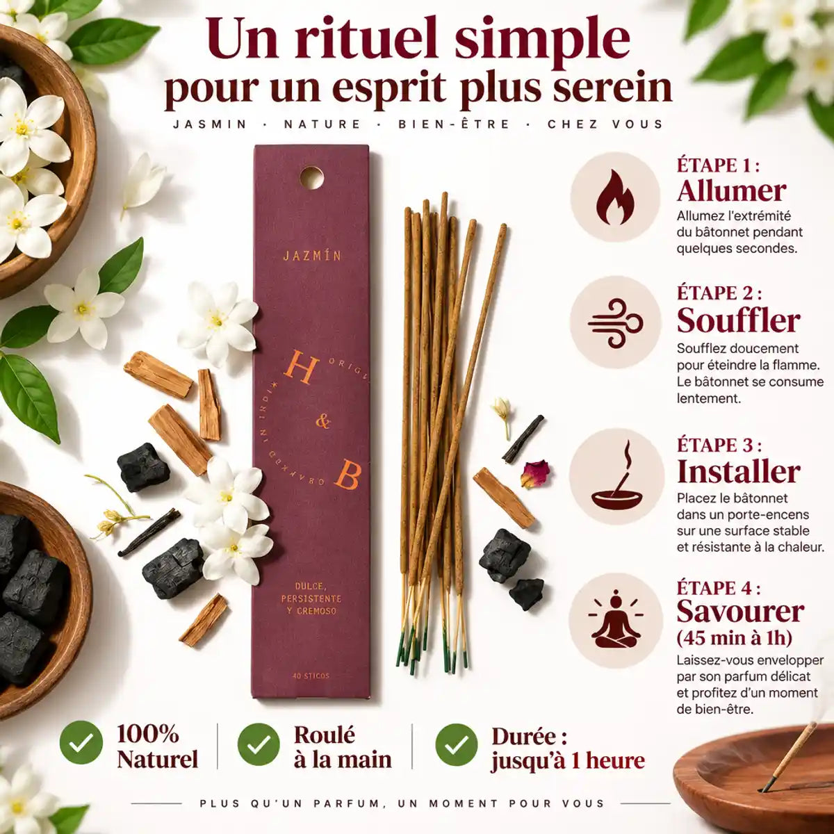 Encens naturel jasmin 10 bâtons avec ingrédients naturels et guide d'utilisation en 4 étapes