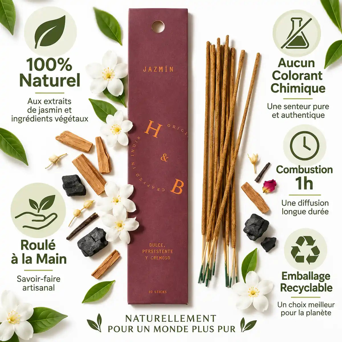 Encens naturel jasmin H&B 10 bâtons roulés à la main, packaging burgundy, infographie écologique