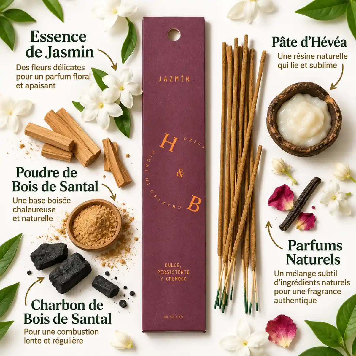 Encens naturel jasmin 10 bâtons avec ingrédients fleurs jasmin, bois de santal et charbon actif