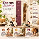 Encens naturel jasmin 100% naturel roulé à main, boîte burgundy avec bâtons et ingrédients