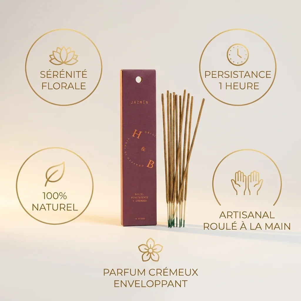 Encens naturel Jasmin x10 avec bâtons à bout vert, emballage boîte bordeaux et or