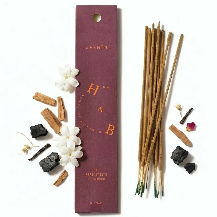 Encens naturel jasmin x10 avec bâtons en bois, boîte burgundy et ingrédients naturels