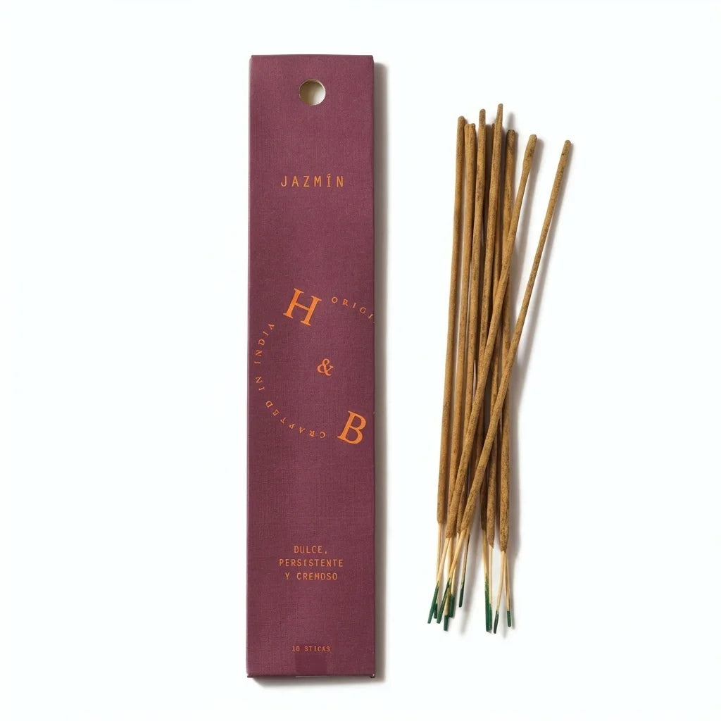 Encens naturel jasmin H&B Origin avec bâtons en bois et boîte bordeaux or