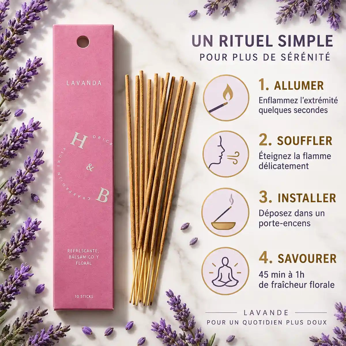 Encens naturel lavande 10 bâtons avec guide d'utilisation et brins de lavande fraîche sur marbre blanc
