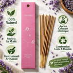 Encens naturel lavande H&B 10 bâtons, boîte rose avec fleurs séchées et mentions 100% naturel roulé main