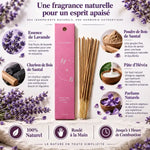 Boîte encens lavande naturel 10 bâtons avec ingrédients et caractéristiques sur fond blanc