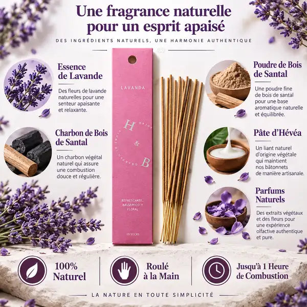 Boîte encens lavande naturel 10 bâtons avec ingrédients et caractéristiques sur fond blanc