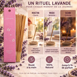 Encens naturel lavande 10 bâtons roulés main avec rituel matin midi soir sur fond marbre blanc